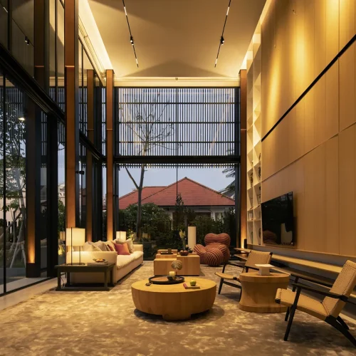نشیمن دوارتفاعه ویلای دوبلکس Umasari House با پنجره‌های سرتاسری